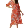 Women's Midi Wrap Dress in Red Floral Print with Short Sleeves - Elegant Design by Liquorish