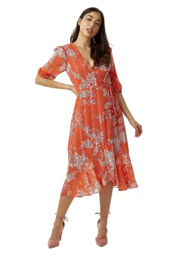 Women's Midi Wrap Dress in Red Floral Print with Short Sleeves - Elegant Design by Liquorish