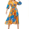 Women's Midi Wrap Dress in Orange & Blue Floral Print with Balloon Sleeves - Asymmetric Style - Luxe Liquorish