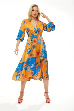 Women's Midi Wrap Dress in Orange & Blue Floral Print with Balloon Sleeves - Asymmetric Style - Luxe Liquorish