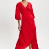 Women's Midi Wrap Dress in Red with Short Puff Sleeves - Elegant Design for Any Occasion by Liquorish
