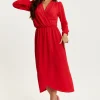 Women's Midi Wrap Dress in Red with Long Sleeves and V Neck - Regular Fit by Liquorish