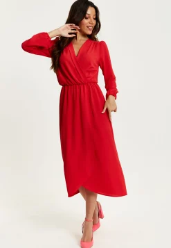 Women's Midi Wrap Dress in Red with Long Sleeves and V Neck - Regular Fit by Liquorish