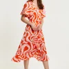 Women's Midi Wrap Dress in Pink and Red Abstract Print with Short Sleeves - Flattering V Neck and Tie Waist by Liquorish