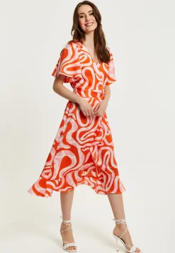 Women's Midi Wrap Dress in Pink and Red Abstract Print with Short Sleeves - Flattering V Neck and Tie Waist by Liquorish