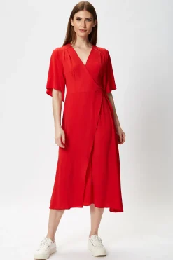 Women's Midi Wrap Dress in Red with Short Kimono Sleeves - Adjustable Tie Waist and V-Neckline by Liquorish