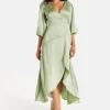 Women's Midi Wrap Dress in Sage Green with Short Puff Sleeves - Elegant Style and Comfort by Liquorish