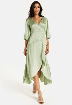 Women's Midi Wrap Dress in Sage Green with Short Puff Sleeves - Elegant Style and Comfort by Liquorish