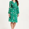 Women's Midi Wrap Dress in Green Floral Print with Long Sleeves - Chic Elegance by Liquorish