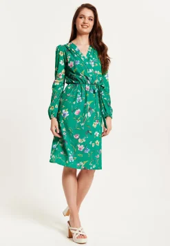Women's Midi Wrap Dress in Green Floral Print with Long Sleeves - Chic Elegance by Liquorish
