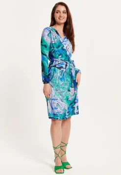 Women's Midi Wrap Dress in Turquoise Marble Print with Long Sleeves - Elegant Design by Liquorish