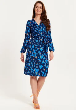 Women's Midi Wrap Dress in Blue with Long Sleeves - Elegant Abstract Print Design by Liquorish