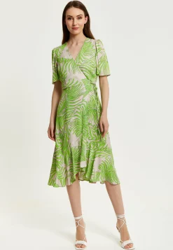 Women's Midi Wrap Dress in Tropical Print with Short Sleeves - V Neck, Regular Fit, Perfect for Summer by Liquorish
