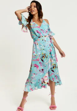 Women's Midi Wrap Dress in Blue Abstract Print with Cold Shoulders and Tie Waist - Elegant Style by Liquorish