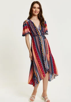 Women's Midi Wrap Dress in Multicolour with Short Sleeves and Paisley Print - Elegant V Neck Design by Liquorish