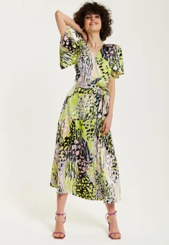 Women's Midi Wrap Dress in Vibrant Multicolour Abstract Print with Short Sleeves - Liquorish