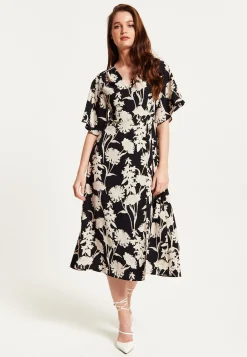 Women's Midi Wrap Dress in Floral Print with Kimono Sleeves - V Neck, Tie Waist, Adjustable Fit - Liquorish