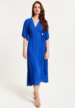 Women's Midi Wrap Dress in Royal Blue with Kimono Sleeves and Matching Tie Waist - Liquorish