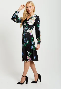 Women's Midi Wrap Dress in Black with Long Balloon Sleeves Featuring Floral Print by Liquorish