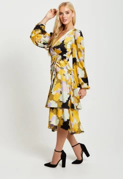 Women's Midi Wrap Dress in Earth Tone Floral with Long Balloon Sleeves & Frill Details - Liquorish