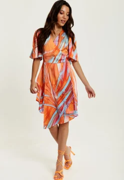 Women's Midi Wrap Dress in Orange with V Neck, Kimono Sleeves, and Abstract Print - Stylish Design by Liquorish