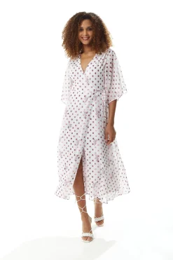Women’s Midi Wrap Dress in White with Pink Floral & Polka Dots, V Neck, Kimono Sleeves - Liquorish