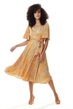 Women's Midi Wrap Dress in Orange Scribble Print with V Neck and Kimono Sleeves - Perfect for Weddings by Liquorish