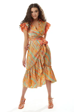 Women's Midi Wrap Dress in Orange Scribble Print with Frill Short Sleeves and Tie Waist - Elegant Wedding Style by Liquorish