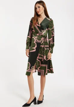 Women's Midi Wrap Dress in Dark Green with Long Sleeves and Geometric Floral Print by Liquorish
