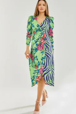 Women's Midi Wrap Dress in Green Floral and Animal Contrast Print - Long Sleeves with Waist Wrap Detail by Liquorish