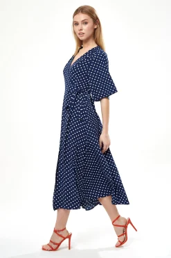 Women's Midi Wrap Dress in Navy with Kimono Sleeves - Elegant Design for Effortless Style by Liquorish