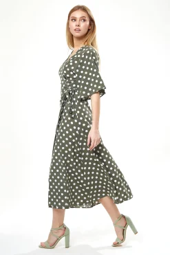 Women's Midi Wrap Dress in Khaki with Kimono Sleeves - Chic Polka Dot Design by Liquorish