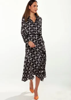 Women’s Midi Wrap Dress in Black & White with Full Length Balloon Sleeves - Liquorish