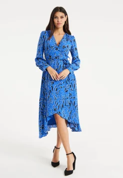 Women's Midi Wrap Dress in Cobalt Blue with Full-Length Sleeves - Artistic Floral Design by Liquorish