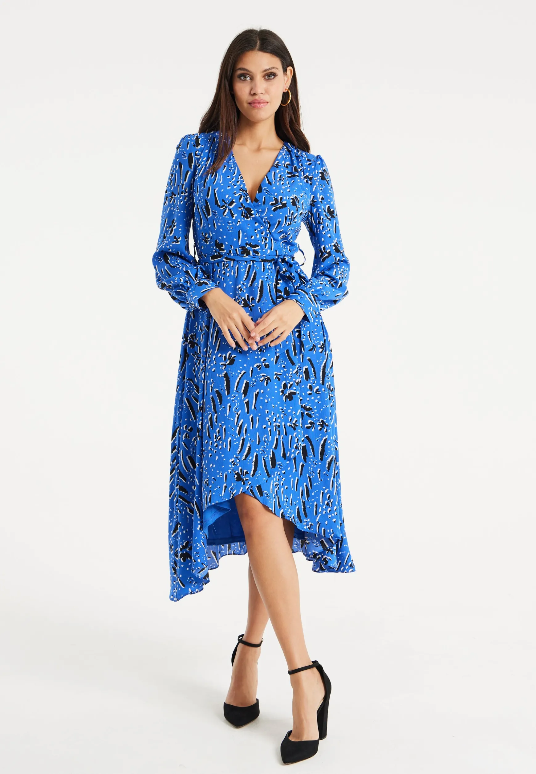 Women's Midi Wrap Dress in Cobalt Blue with Full-Length Sleeves - Artistic Floral Design by Liquorish