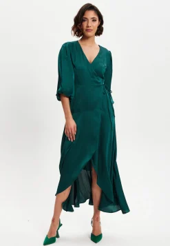 Women's Midi Wrap Dress in Dark Green with Short Puff Sleeves - Elegant Design by Liquorish