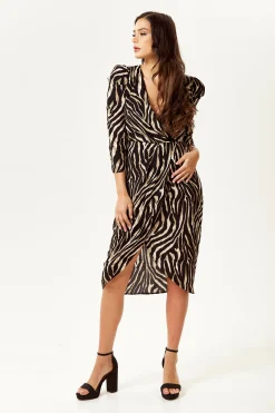 Women's Midi Wrap Dress in Zebra Print with Long Sleeves - Stylish Crossover Design for Every Occasion - Liquorish