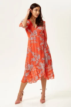Women's Midi Wrap Dress in Red Floral Print with Short Sleeves - Elegant Design by Liquorish