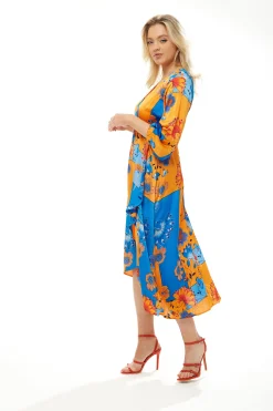 Women's Midi Wrap Dress in Orange & Blue Floral Print with Balloon Sleeves - Asymmetric Style - Luxe Liquorish