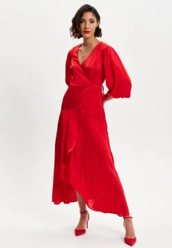 Women's Midi Wrap Dress in Red with Short Puff Sleeves - Elegant Design for Any Occasion by Liquorish
