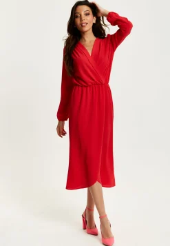 Women's Midi Wrap Dress in Red with Long Sleeves and V Neck - Regular Fit by Liquorish