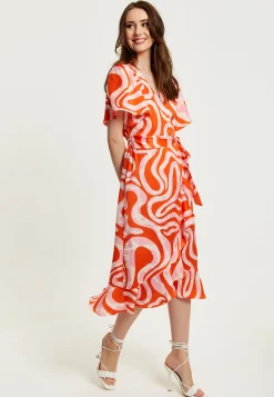 Women's Midi Wrap Dress in Pink and Red Abstract Print with Short Sleeves - Flattering V Neck and Tie Waist by Liquorish