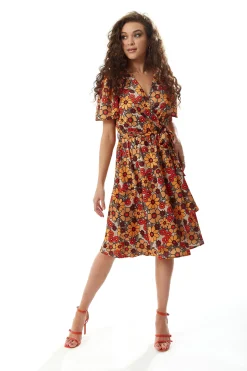 Women’s Midi Wrap Dress in Vibrant Orange and Red Floral Print with Short Sleeves - Chic Tie Waist by Liquorish