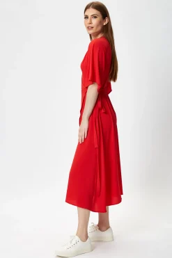 Women's Midi Wrap Dress in Red with Short Kimono Sleeves - Adjustable Tie Waist and V-Neckline by Liquorish