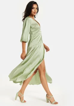 Women's Midi Wrap Dress in Sage Green with Short Puff Sleeves - Elegant Style and Comfort by Liquorish