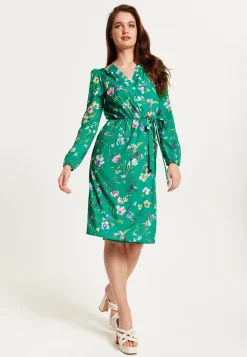 Women's Midi Wrap Dress in Green Floral Print with Long Sleeves - Chic Elegance by Liquorish