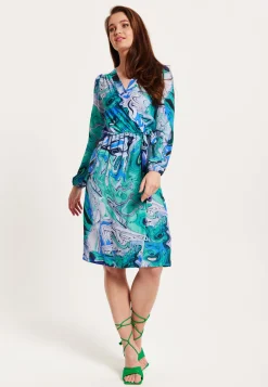 Women's Midi Wrap Dress in Turquoise Marble Print with Long Sleeves - Elegant Design by Liquorish