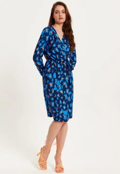 Women's Midi Wrap Dress in Blue with Long Sleeves - Elegant Abstract Print Design by Liquorish