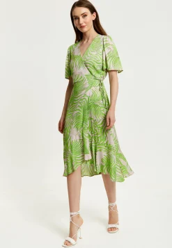 Women's Midi Wrap Dress in Tropical Print with Short Sleeves - V Neck, Regular Fit, Perfect for Summer by Liquorish