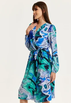 Women's Midi Wrap Dress in Turquoise Marble Print with Long Sleeves - Elegant Design by Liquorish